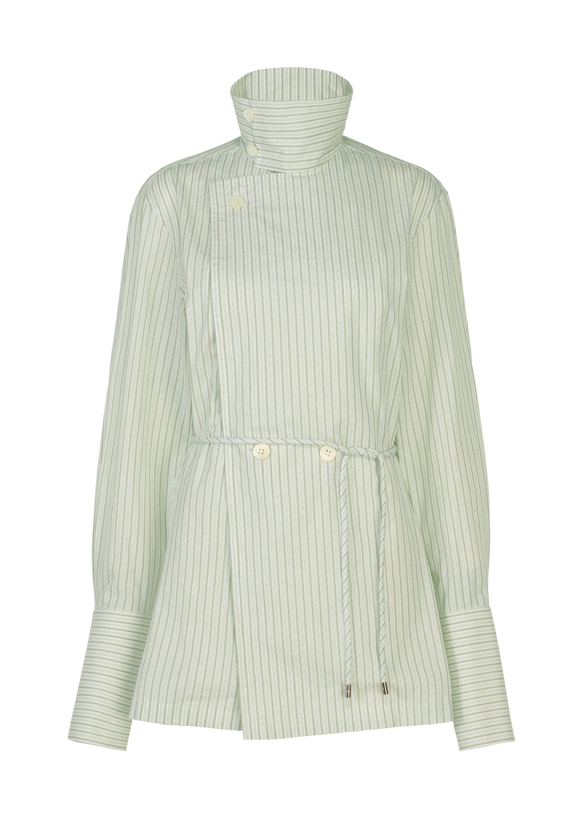 Light green, long-sleeve, high-neck blouse crafted from cotton yarn-dyed fabric with thin vertical white stripes in a subtle dobby stripe shirt pattern. Featuring button details, wide cuffs, and a matching waist tie, the blouse offers a lightweight yet structured feel. view 1 of 8