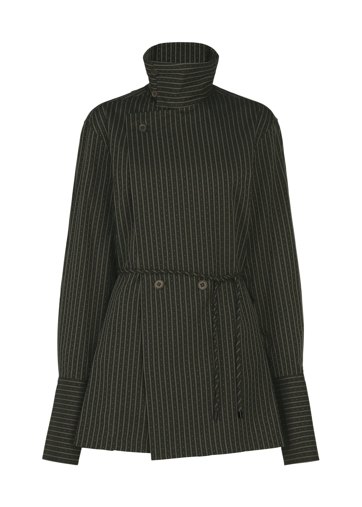 The MONSIEUR SHIRT (DOBBY STRIPE) by ISSEY MIYAKE is a dark, pinstriped long-sleeve jacket featuring a high collar, wide cuffs, front buttons, and a thin waist tie. It is crafted from premium cotton yarn-dyed fabric and presented against a white background. view 2 of 8
