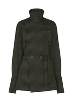 The MONSIEUR SHIRT (DOBBY STRIPE) by ISSEY MIYAKE is a dark, pinstriped long-sleeve jacket featuring a high collar, wide cuffs, front buttons, and a thin waist tie. It is crafted from premium cotton yarn-dyed fabric and presented against a white background. - BLACK-HUED （no.17）