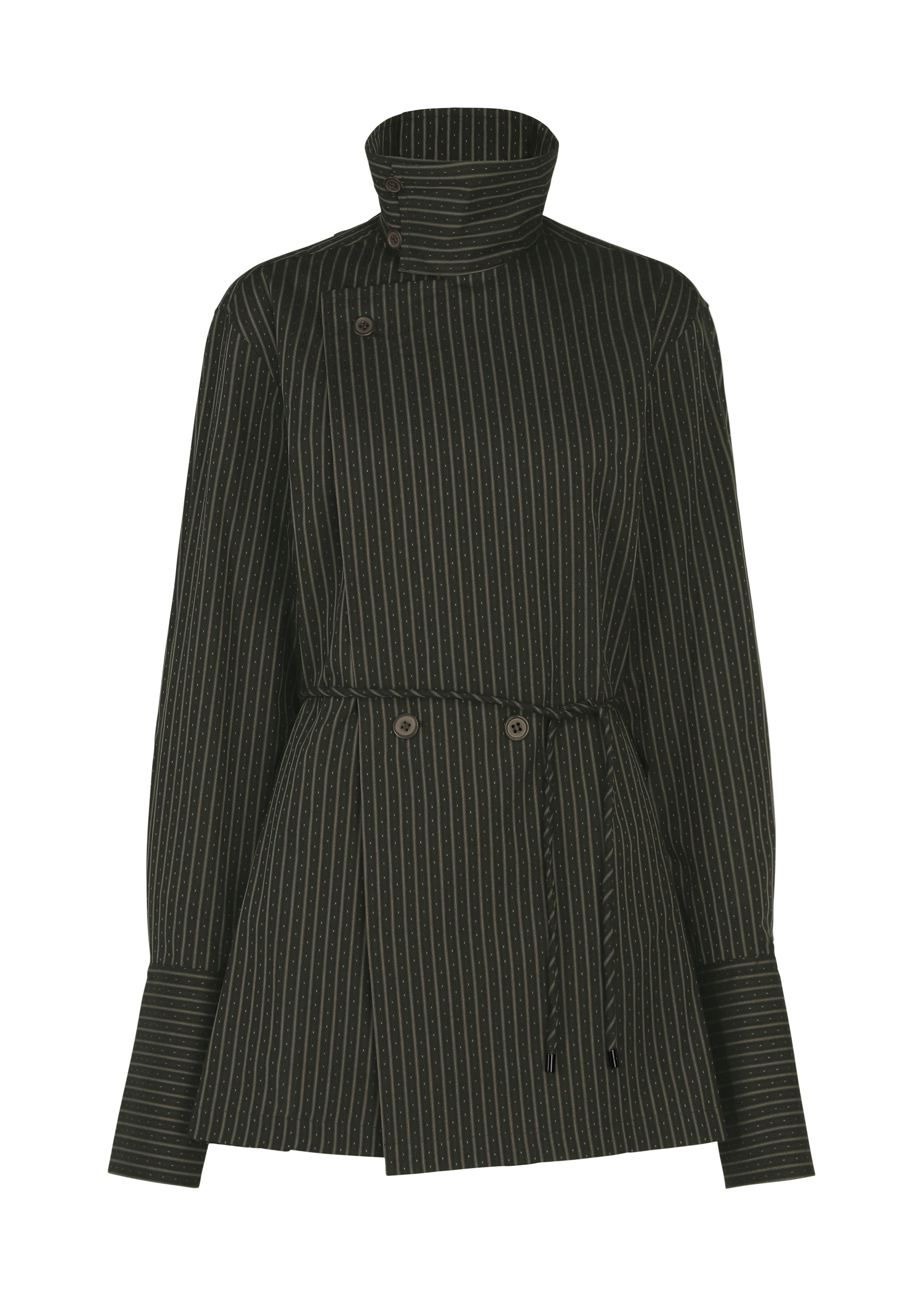 Zoomed view The MONSIEUR SHIRT (DOBBY STRIPE) by ISSEY MIYAKE is a dark, pinstriped long-sleeve jacket featuring a high collar, wide cuffs, front buttons, and a thin waist tie. It is crafted from premium cotton yarn-dyed fabric and presented against a white background. - BLACK-HUED （no.17）