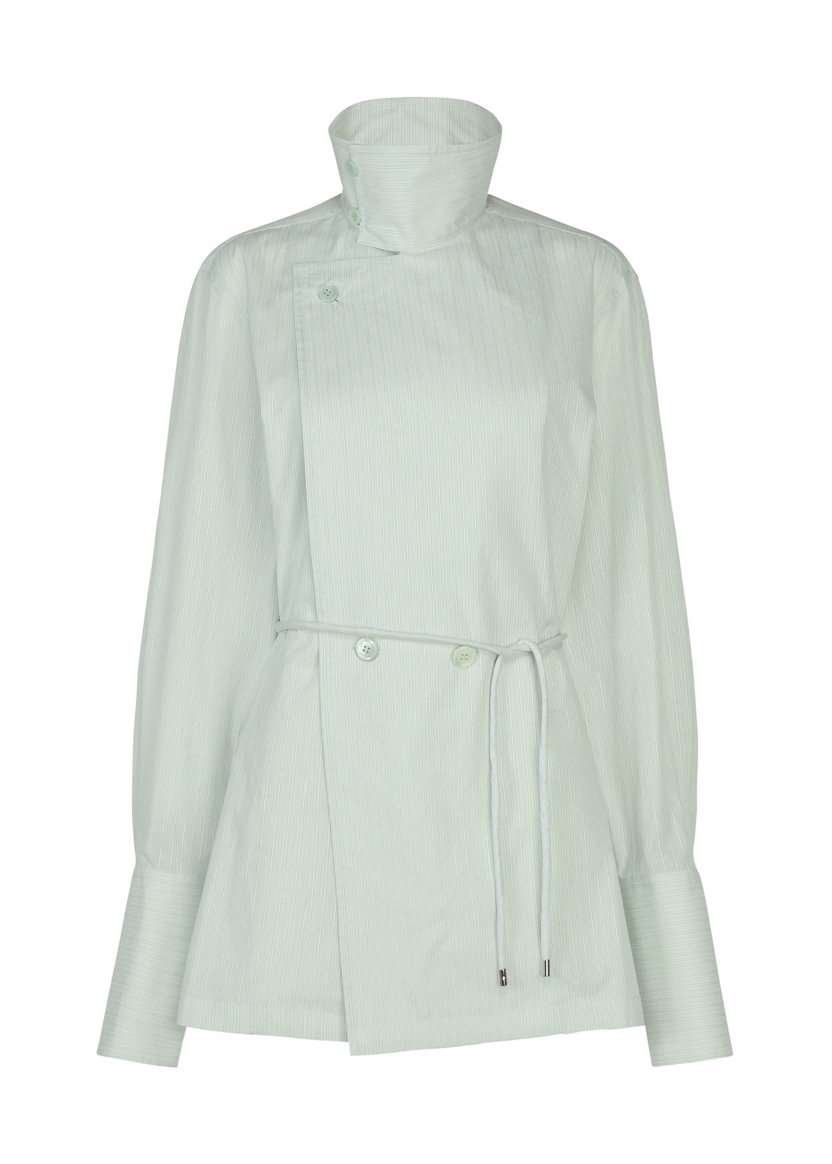 The MONSIEUR SHIRT (DOBBY STRIPE) by ISSEY MIYAKE is a light green blouse featuring long sleeves, a high collar, asymmetrical button closure, belted waist, and wide cuffs, showcased against a white background. view 3 of 8