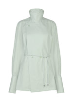 The MONSIEUR SHIRT (DOBBY STRIPE) by ISSEY MIYAKE is a light green blouse featuring long sleeves, a high collar, asymmetrical button closure, belted waist, and wide cuffs, showcased against a white background. - BLUE-HUED （no.76）