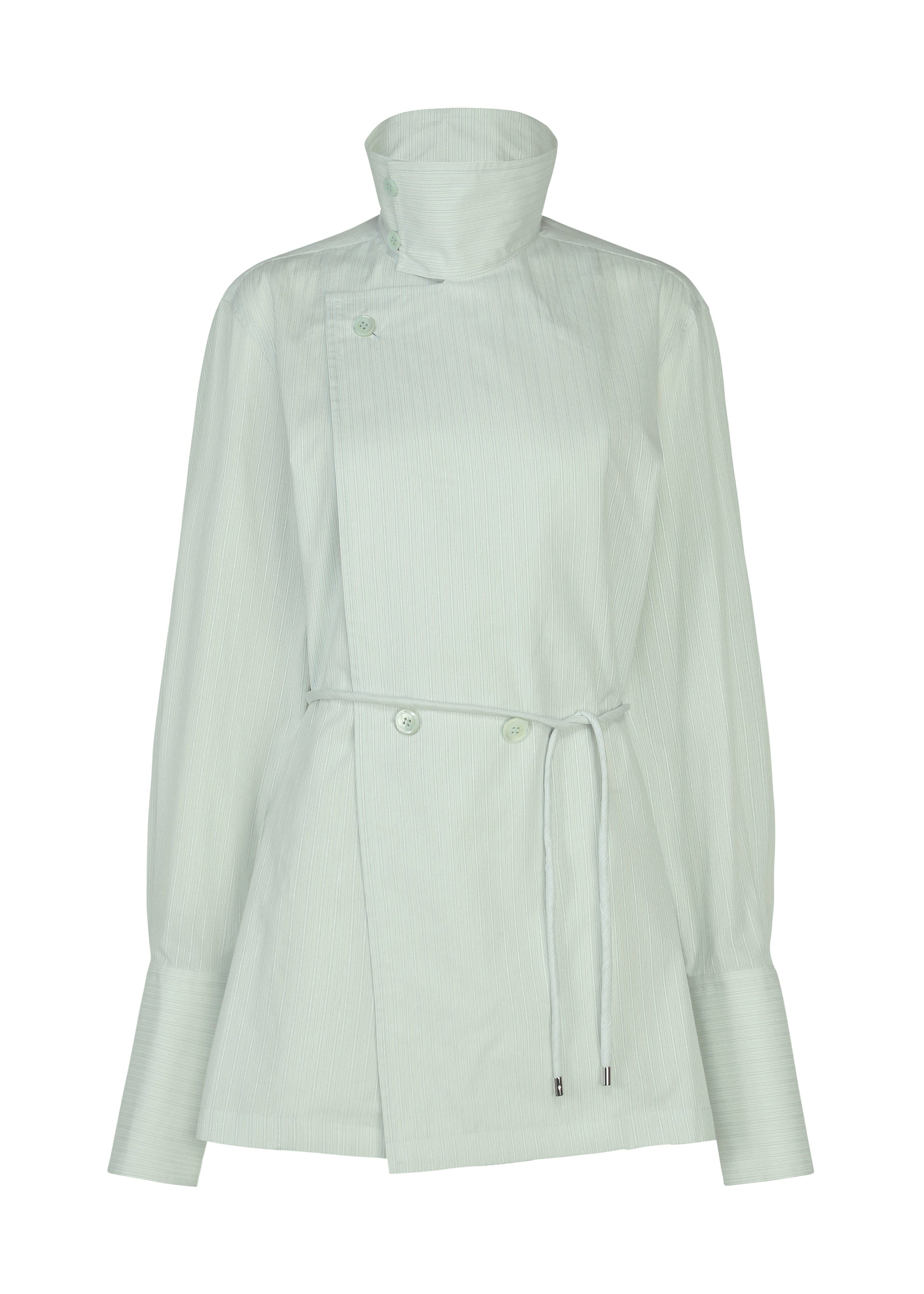 Zoomed view The MONSIEUR SHIRT (DOBBY STRIPE) by ISSEY MIYAKE is a light green blouse featuring long sleeves, a high collar, asymmetrical button closure, belted waist, and wide cuffs, showcased against a white background. - BLUE-HUED （no.76）