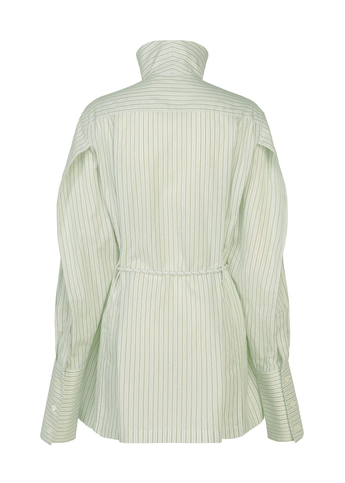 Back view of the ISSEY MIYAKE MONSIEUR SHIRT (DOBBY STRIPE), featuring light green and white vertical stripes, a high collar, long sleeves, a belted waist, and crafted from cotton yarn-dyed dobby stripe fabric. view 4 of 8
