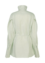 Back view of the ISSEY MIYAKE MONSIEUR SHIRT (DOBBY STRIPE), featuring light green and white vertical stripes, a high collar, long sleeves, a belted waist, and crafted from cotton yarn-dyed dobby stripe fabric.