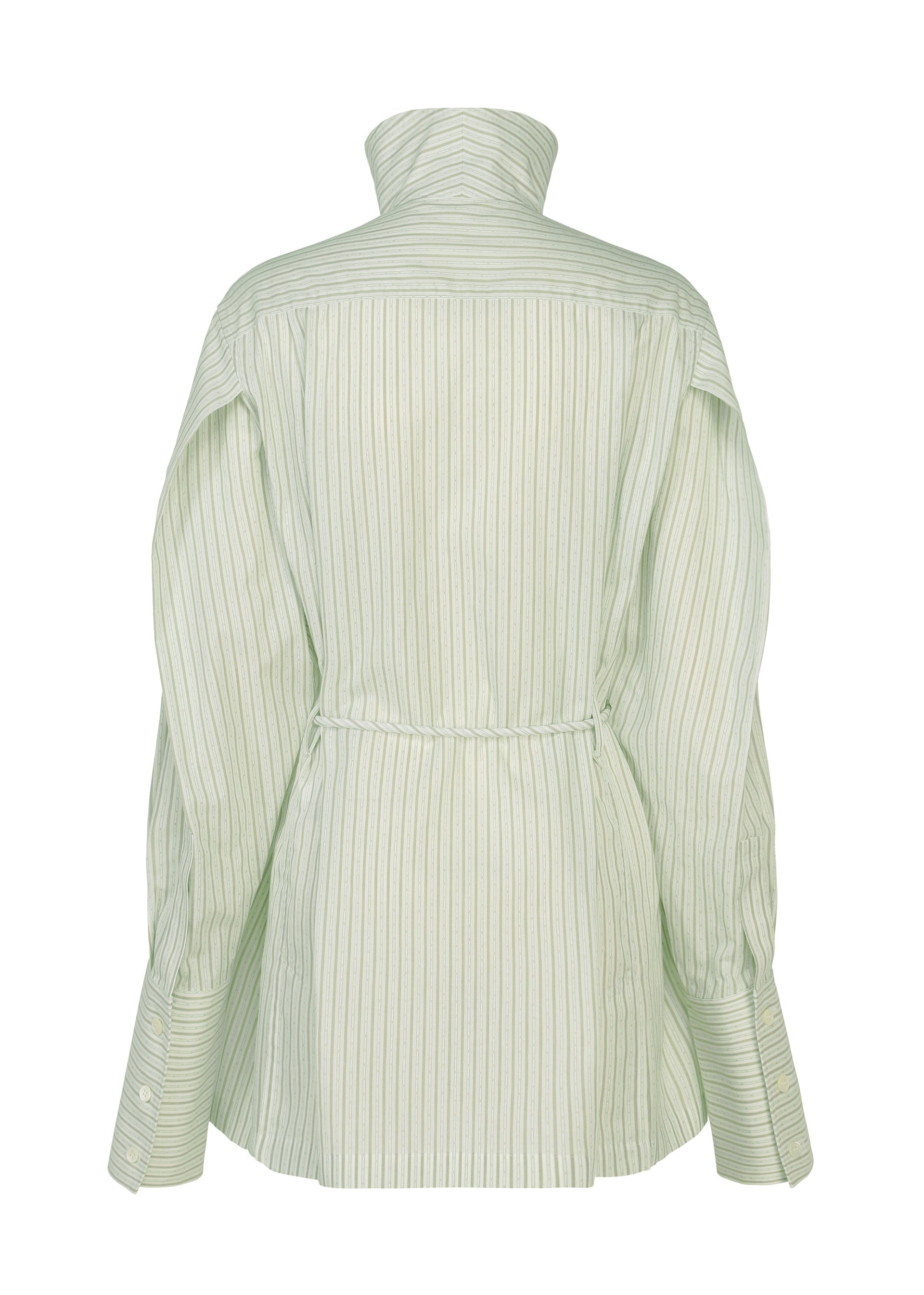 Zoomed view Back view of the ISSEY MIYAKE MONSIEUR SHIRT (DOBBY STRIPE), featuring light green and white vertical stripes, a high collar, long sleeves, a belted waist, and crafted from cotton yarn-dyed dobby stripe fabric.