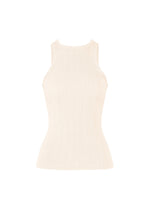 The ISSEY MIYAKE RILL is a sleeveless, light beige ribbed-knit tank top with a high neckline and subtle garment-dyeing, shown on a plain white background. - OFF-WHITE （no.02）