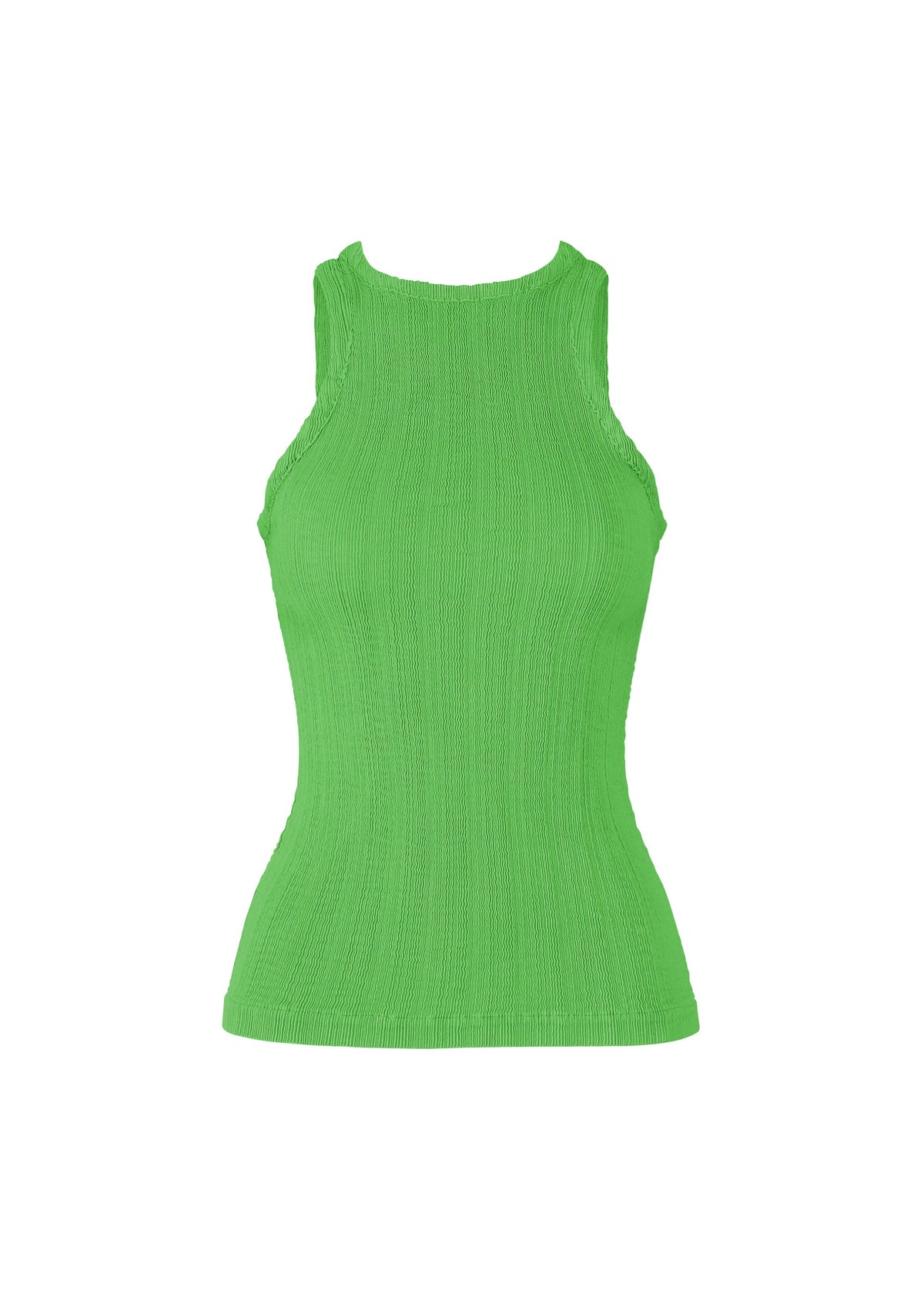 The ISSEY MIYAKE RILL is a sleeveless, ribbed knit tank top in bright green, featuring a high neckline and pleated detailing, shown against a plain white background. view 2 of 6