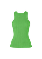 The ISSEY MIYAKE RILL is a sleeveless, ribbed knit tank top in bright green, featuring a high neckline and pleated detailing, shown against a plain white background. - GREEN （no.62）