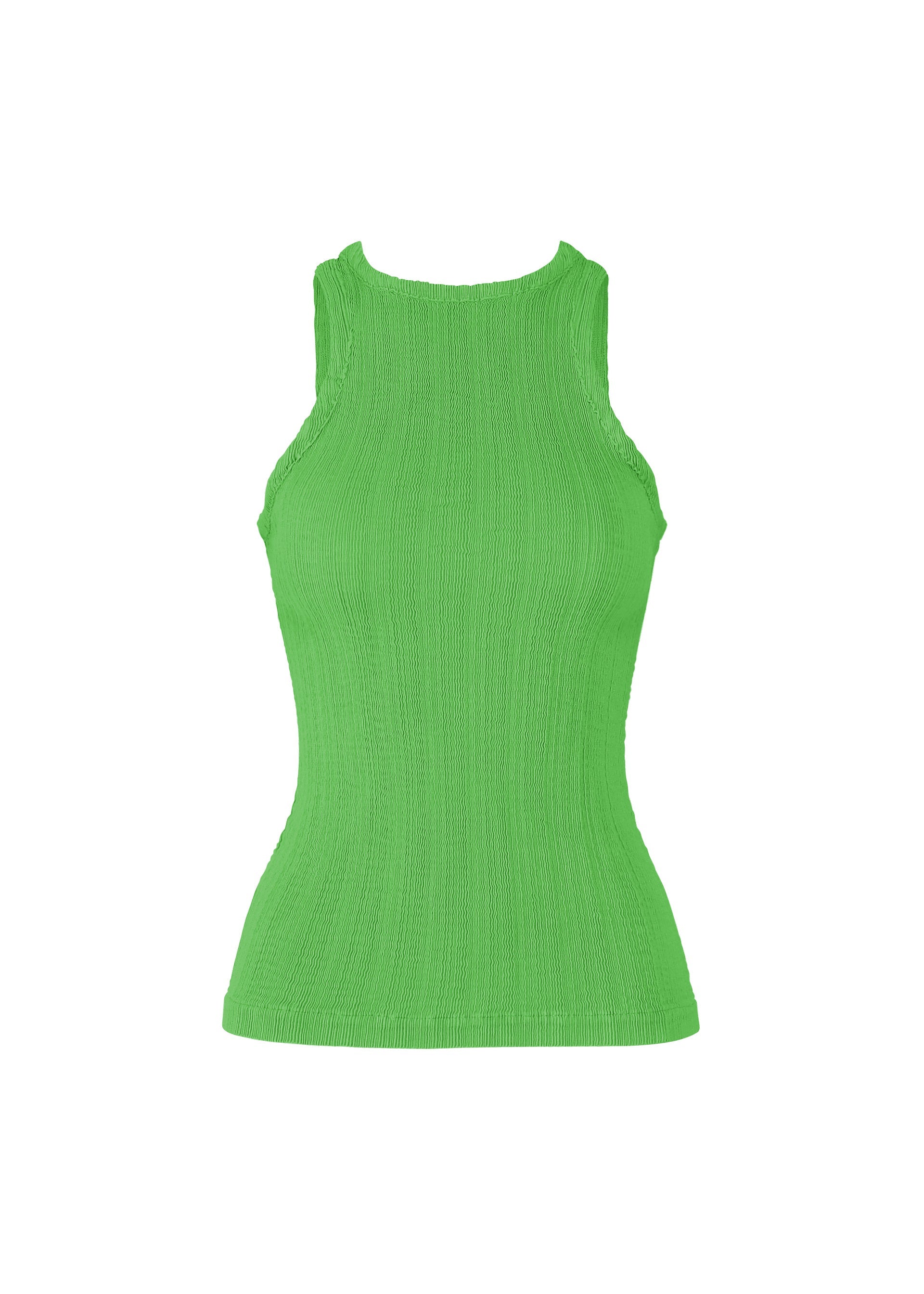 Zoomed view The ISSEY MIYAKE RILL is a sleeveless, ribbed knit tank top in bright green, featuring a high neckline and pleated detailing, shown against a plain white background. - GREEN （no.62）