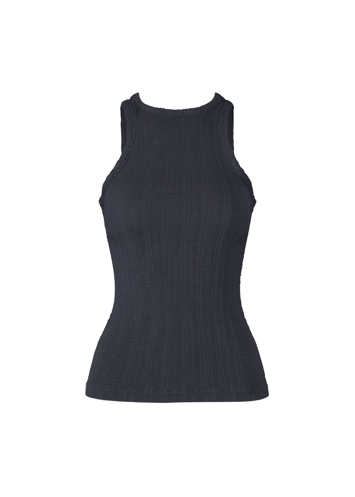 The ISSEY MIYAKE RILL is a black, sleeveless ribbed knit tank top with a high neckline, garment-dyed for unique texture, shown on a plain white background. view 3 of 6