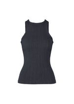 The ISSEY MIYAKE RILL is a black, sleeveless ribbed knit tank top with a high neckline, garment-dyed for unique texture, shown on a plain white background. - DARK NAVY （no.78）