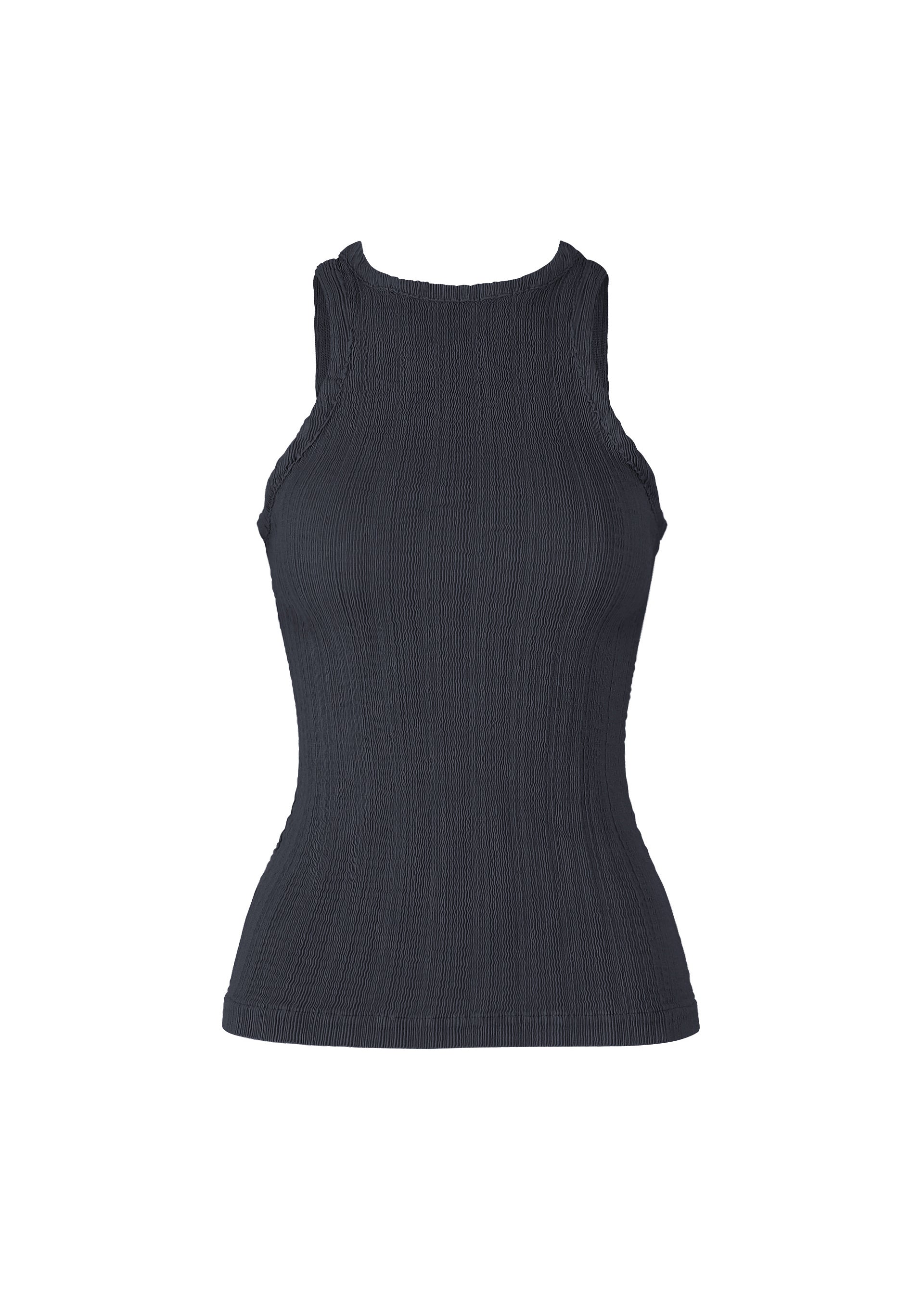 Zoomed view The ISSEY MIYAKE RILL is a black, sleeveless ribbed knit tank top with a high neckline, garment-dyed for unique texture, shown on a plain white background. - DARK NAVY （no.78）