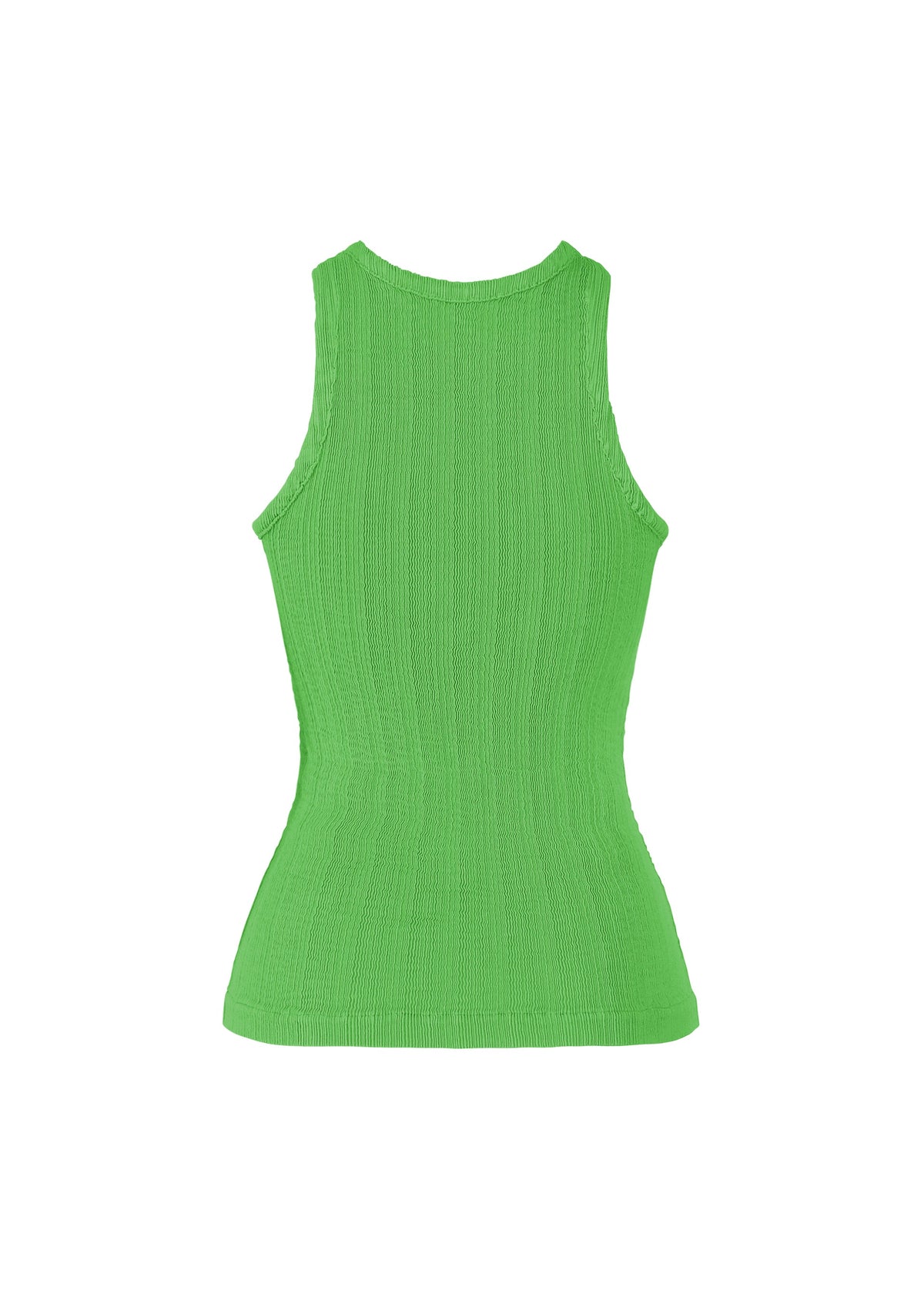 The ISSEY MIYAKE RILL tank top, a sleeveless, fitted, bright green ribbed piece with a round neckline, is displayed from the back against a plain white background. view 4 of 6