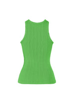 The ISSEY MIYAKE RILL tank top, a sleeveless, fitted, bright green ribbed piece with a round neckline, is displayed from the back against a plain white background.