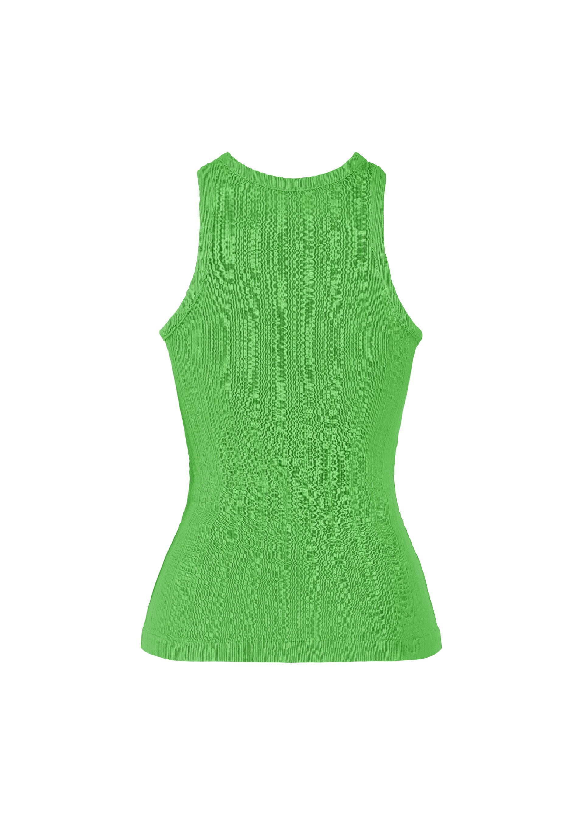 Zoomed view The ISSEY MIYAKE RILL tank top, a sleeveless, fitted, bright green ribbed piece with a round neckline, is displayed from the back against a plain white background.