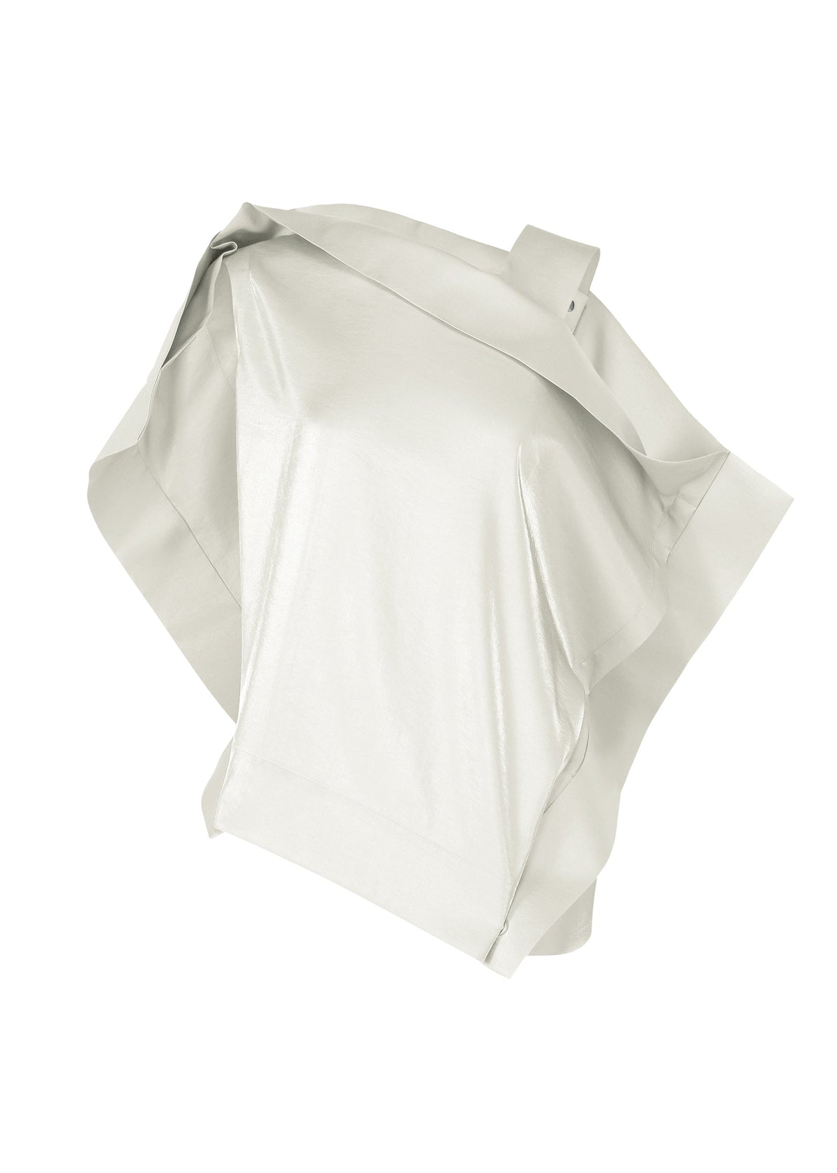 MERCURY by ISSEY MIYAKE features a sculptural, abstract design in folded, shiny light gray material with a metallic sheen, evoking draped fabric or paper with sharp angles and soft curves, set against a white background. view 1 of 7