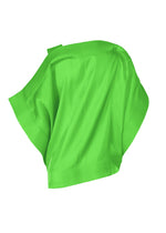 MERCURY by ISSEY MIYAKE is a vibrant green Italian cloth with a gentle metallic sheen, elegantly draped on a white background, forming smooth folds and soft shadows.