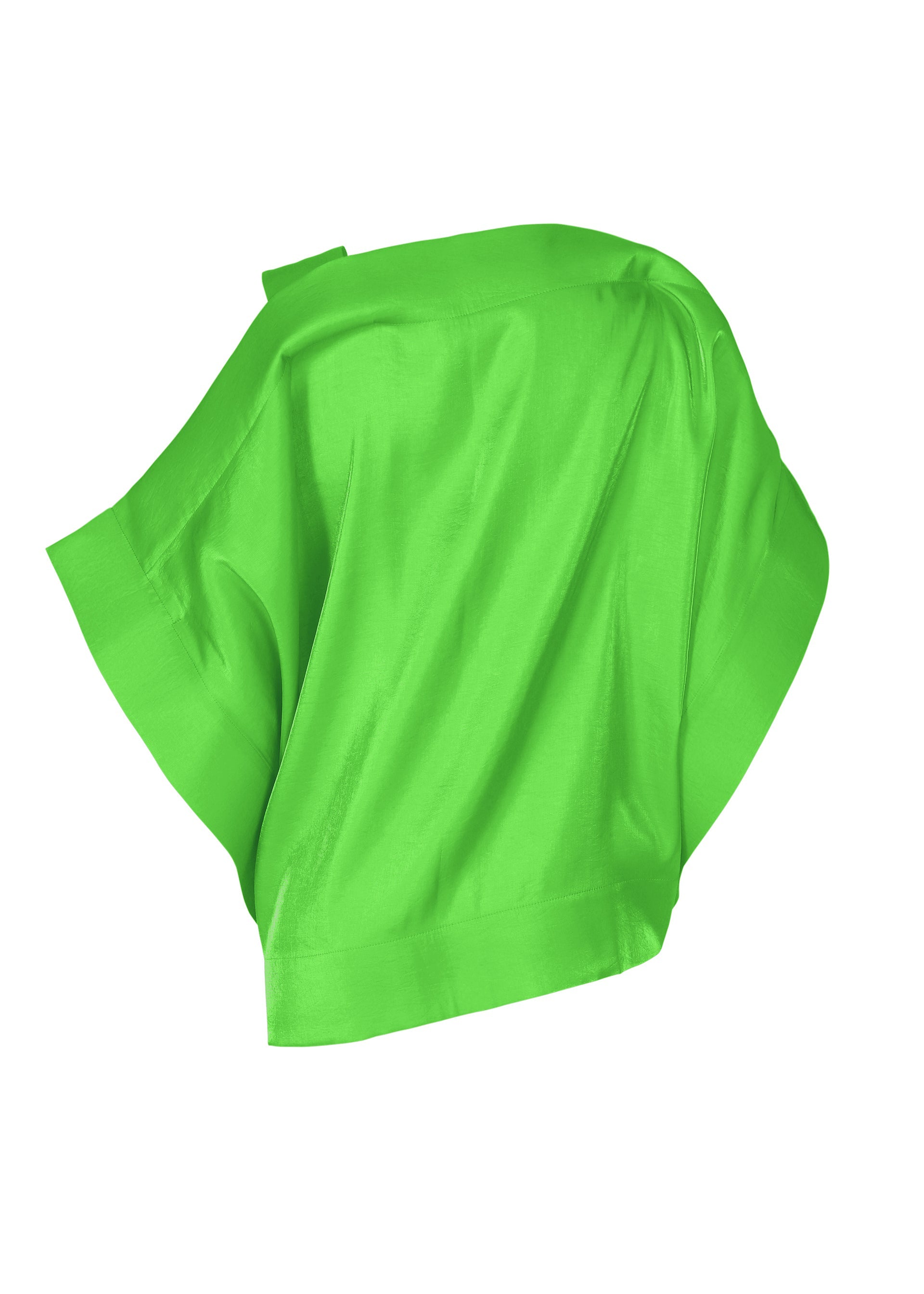 Zoomed view MERCURY by ISSEY MIYAKE is a vibrant green Italian cloth with a gentle metallic sheen, elegantly draped on a white background, forming smooth folds and soft shadows.