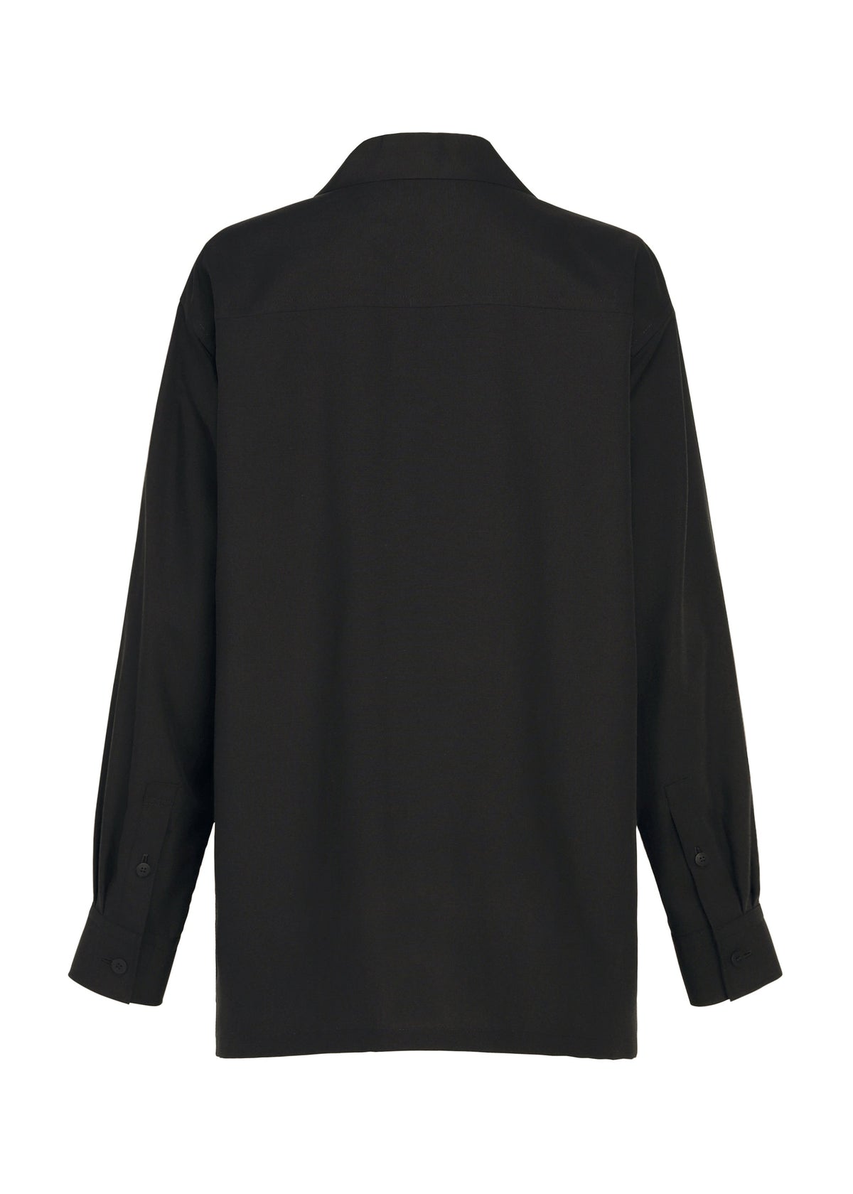 The HANDS OF LOVER shirt by ISSEY MIYAKE is a black, long-sleeve button-up crafted from smooth poplin fabric, featuring a collar and buttoned cuffs, shown here from the back. view 2 of 5