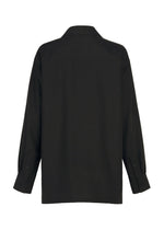 The HANDS OF LOVER shirt by ISSEY MIYAKE is a black, long-sleeve button-up crafted from smooth poplin fabric, featuring a collar and buttoned cuffs, shown here from the back.