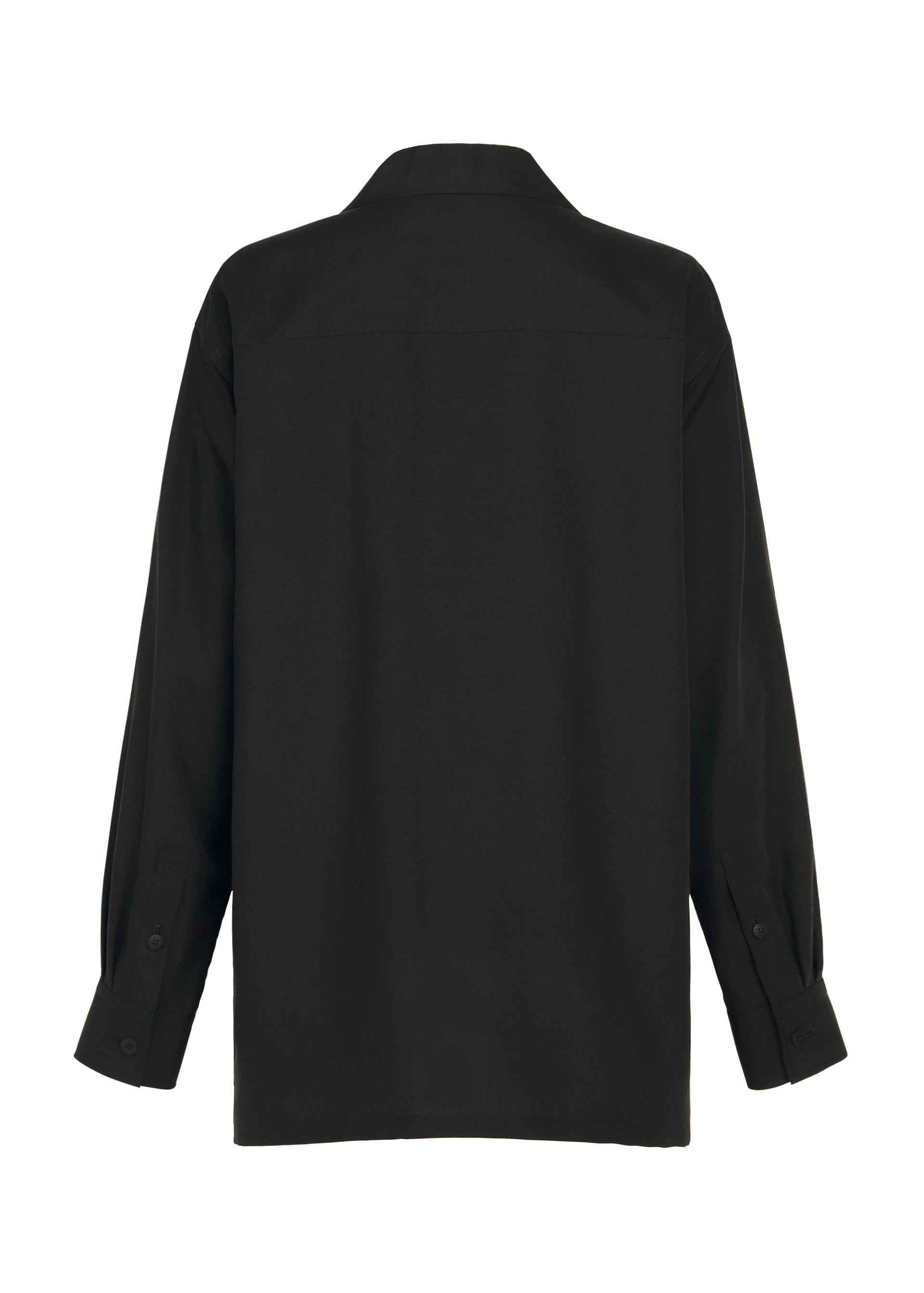 Zoomed view The HANDS OF LOVER shirt by ISSEY MIYAKE is a black, long-sleeve button-up crafted from smooth poplin fabric, featuring a collar and buttoned cuffs, shown here from the back.