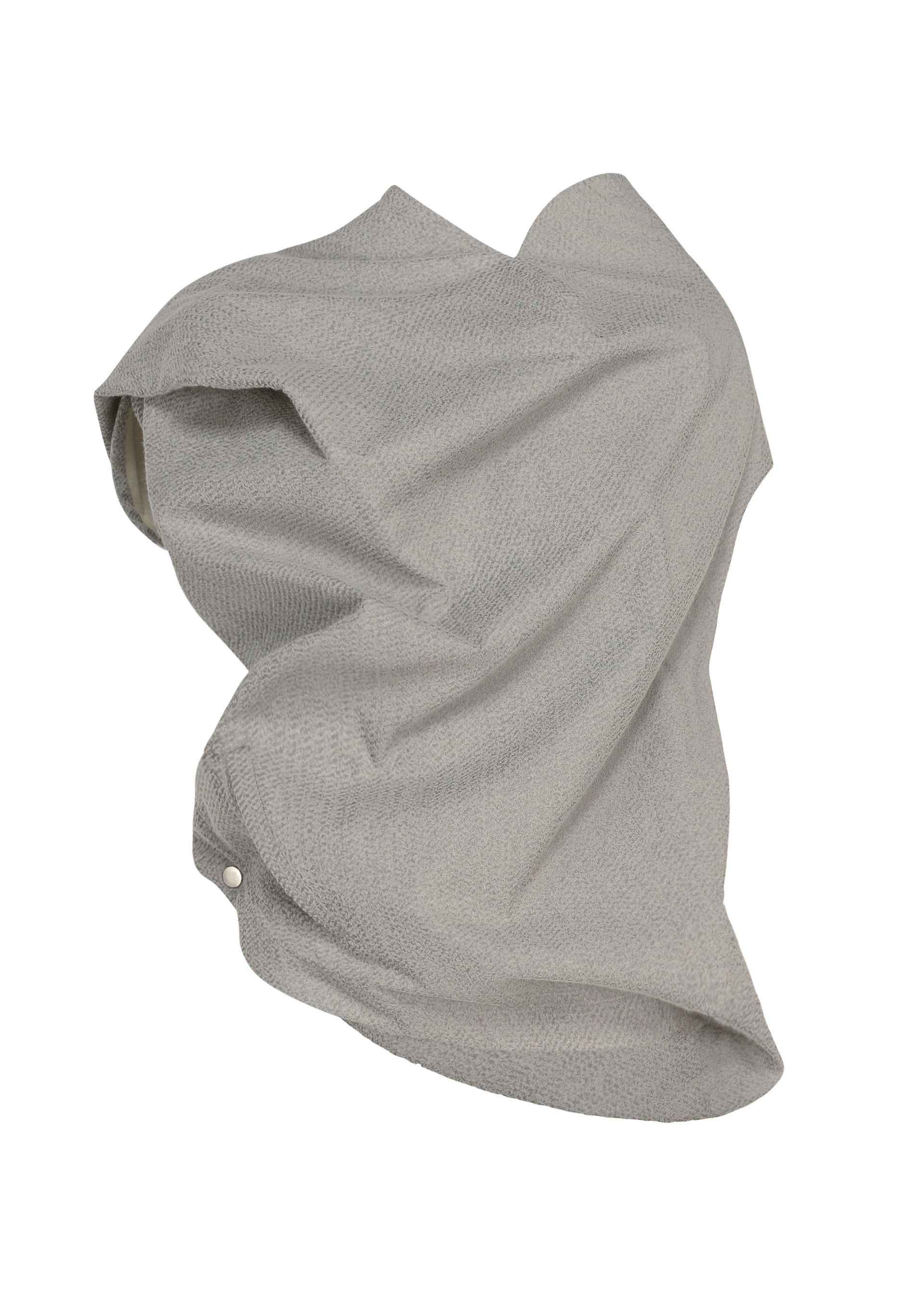 Zoomed view REFLECTION by ISSEY MIYAKE: A light gray, textured fabric with a subtle shimmer draped loosely in a wavy, abstract form against a white background, reminiscent of glowing material. - LIGHT GRAY （no.11）