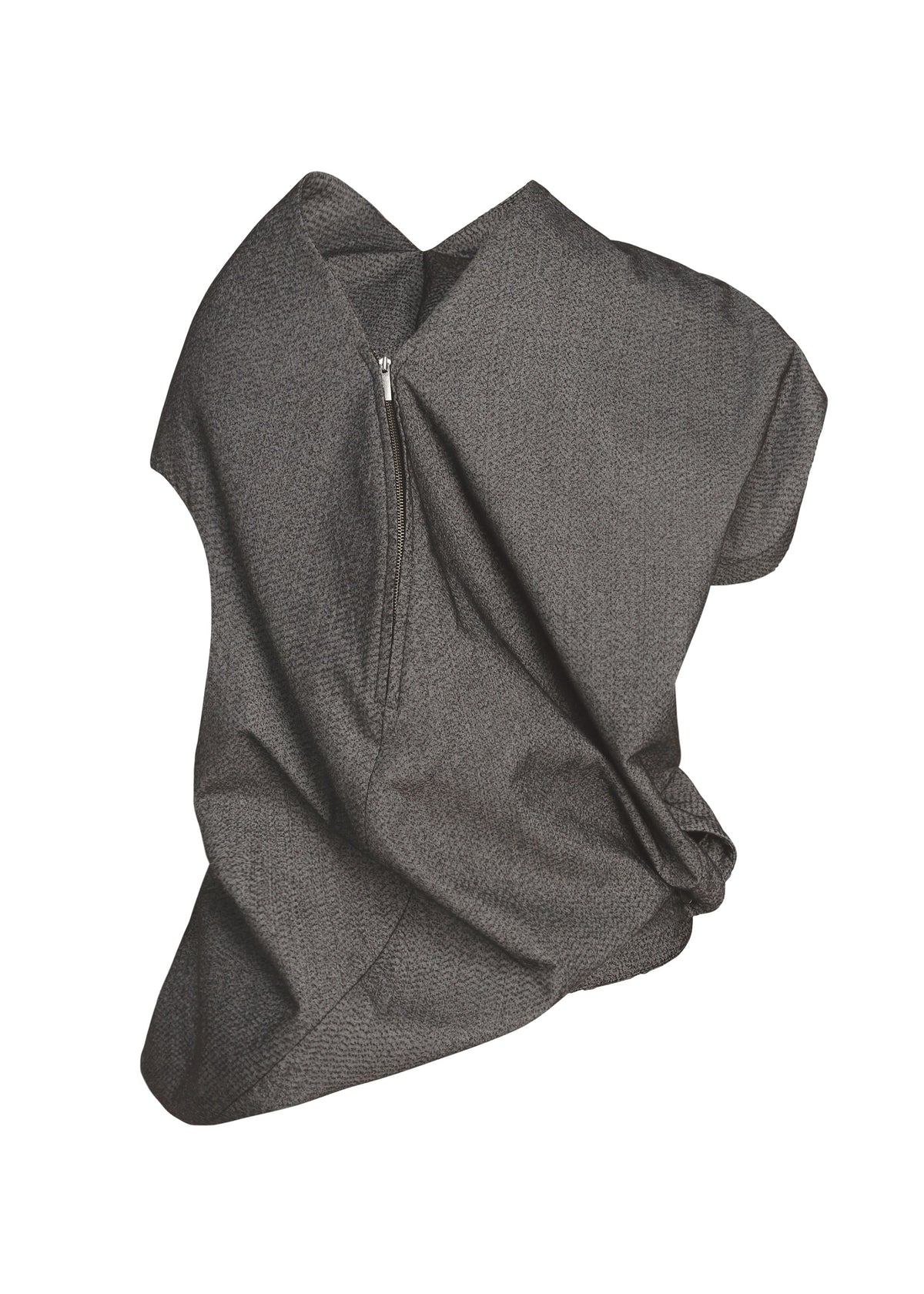 The REFLECTION by ISSEY MIYAKE is a gray short-sleeved top featuring a folded, draped design and a visible front zipper, shown laid flat on a white background. view 3 of 7