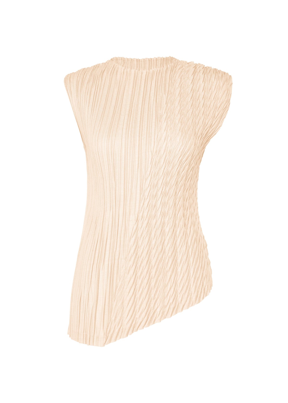 The ISSEY MIYAKE UNFURLING PLEATS is a sleeveless cream diagonal pleated top with a textured Keshi pleats design and an asymmetrical hem, made from linen-like polyester, shown on a white background. view 1 of 7