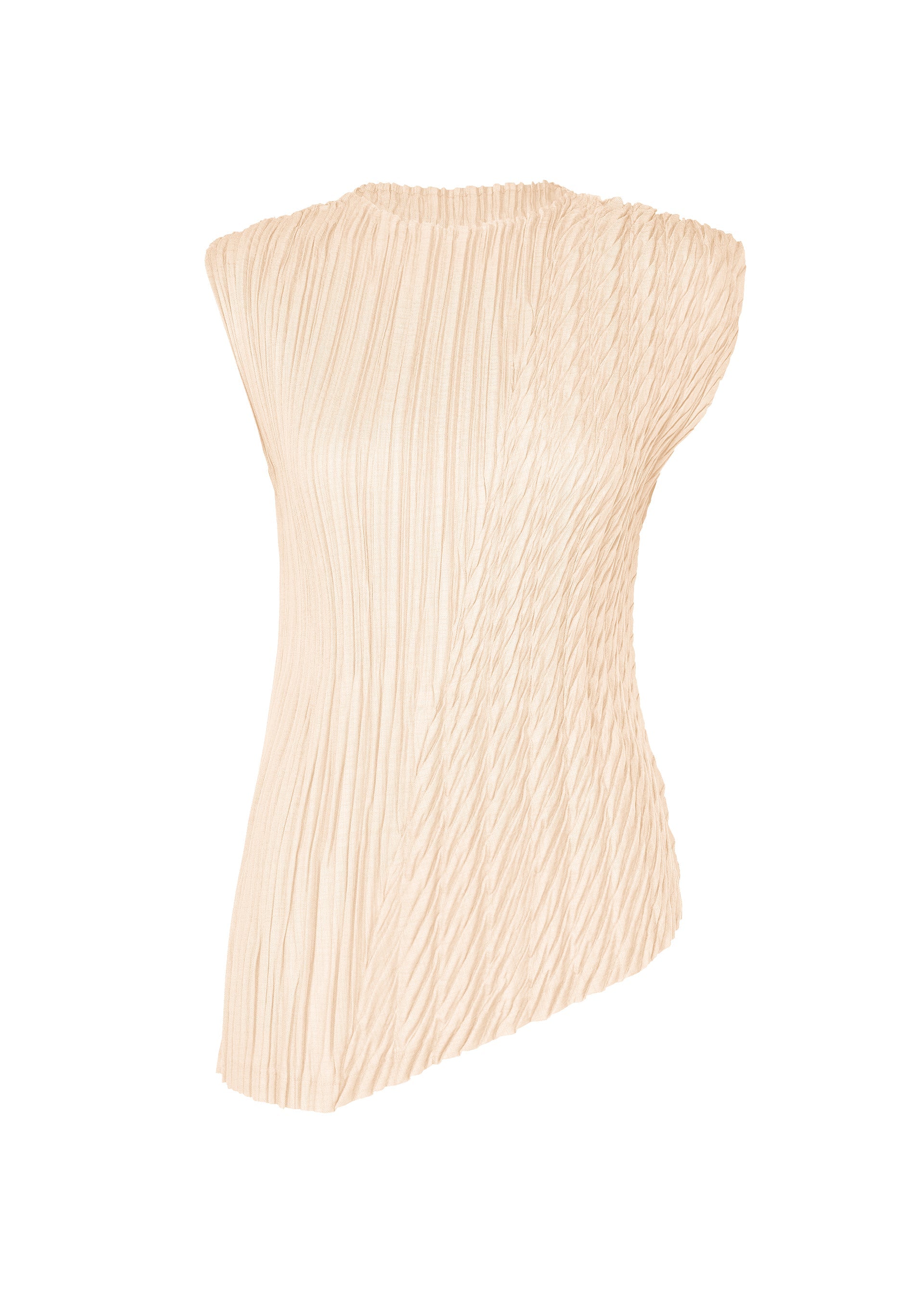 Zoomed view The ISSEY MIYAKE UNFURLING PLEATS is a sleeveless cream diagonal pleated top with a textured Keshi pleats design and an asymmetrical hem, made from linen-like polyester, shown on a white background. - OFF-WHITE （no.02）
