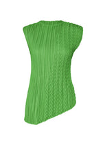The UNFURLING PLEATS top by ISSEY MIYAKE is a bright green, sleeveless design with an asymmetrical diagonal Keshi pleat and high neckline, crafted from linen-like polyester and shown on a white background. - GREEN （no.62）
