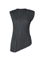 UNFURLING PLEATS by ISSEY MIYAKE is a sleeveless black top with an asymmetrical neckline and hem, crafted from linen-like polyester. It features intricate vertical and diagonal Keshi pleats for a textured look, shown on a white background. - DARK NAVY （no.78）