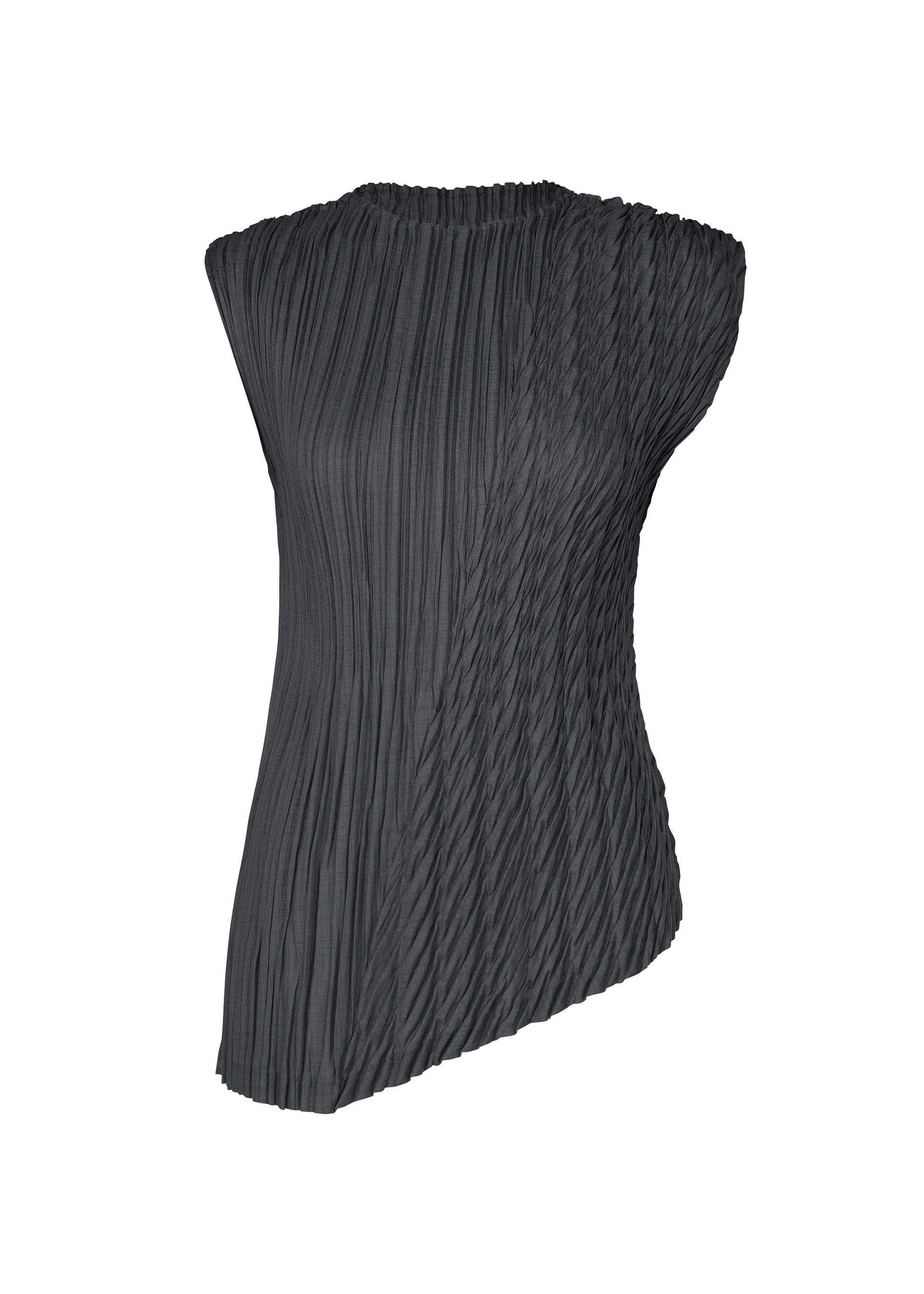 Zoomed view UNFURLING PLEATS by ISSEY MIYAKE is a sleeveless black top with an asymmetrical neckline and hem, crafted from linen-like polyester. It features intricate vertical and diagonal Keshi pleats for a textured look, shown on a white background. - DARK NAVY （no.78）