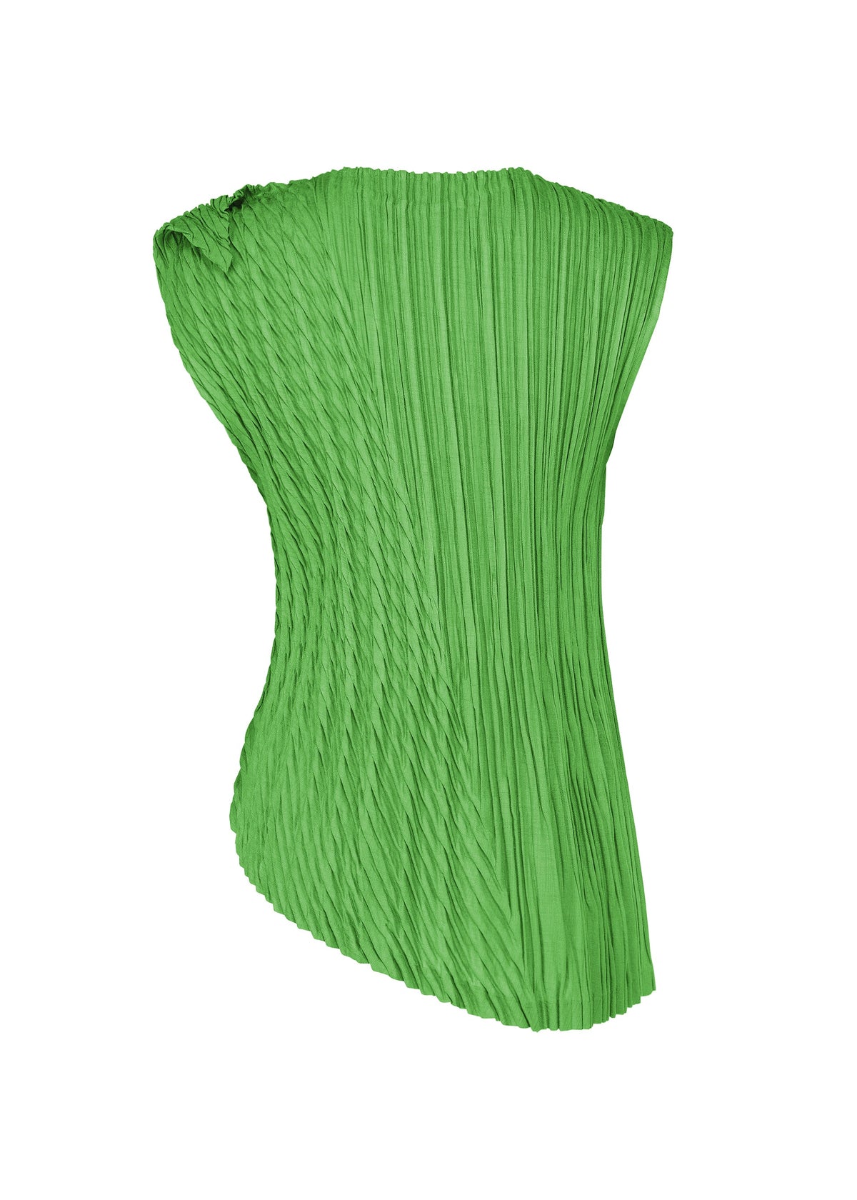 The UNFURLING PLEATS top by ISSEY MIYAKE is lime green, sleeveless, and diagonal pleated with a curved silhouette, crafted from linen-like polyester and featuring Keshi pleats. view 4 of 7