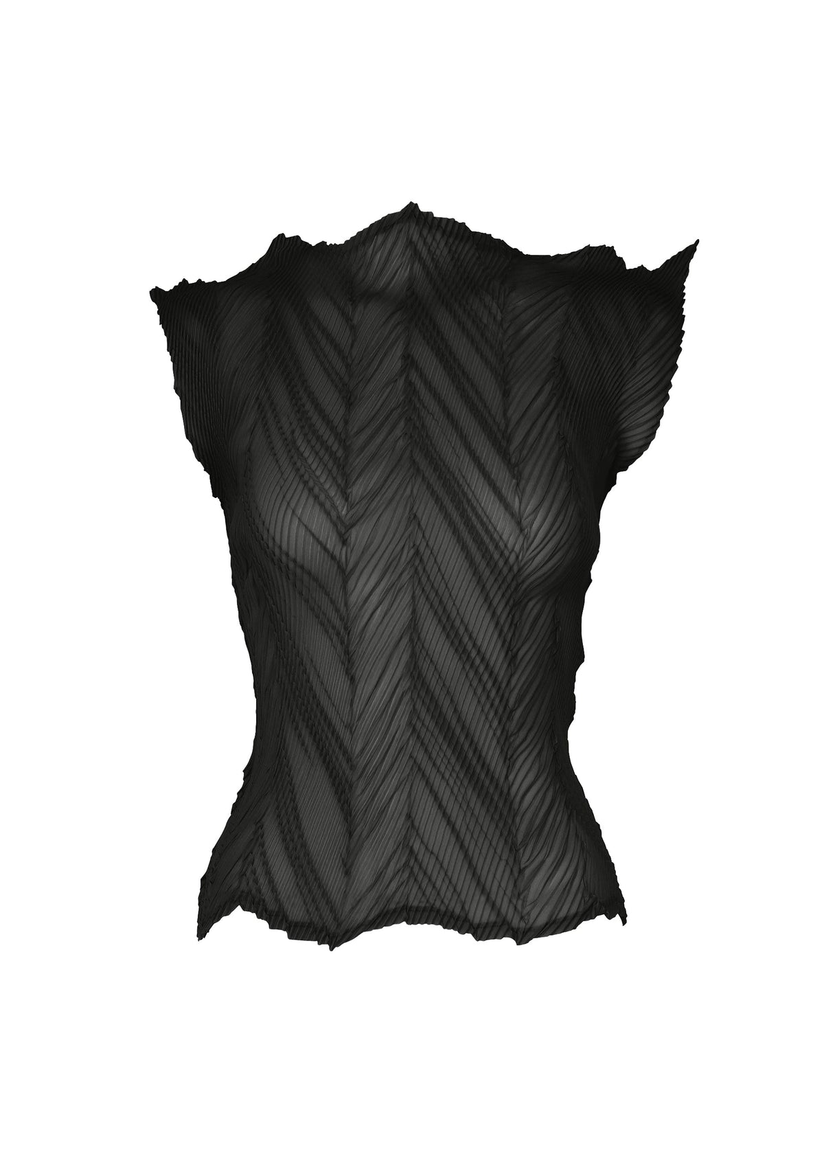 The ZIGZAG PLEATS top by ISSEY MIYAKE is a black, sleeveless piece featuring a textured chevron pleated pattern and a jagged zigzag hem, shown against a white background. view 1 of 7