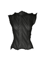 The ZIGZAG PLEATS top by ISSEY MIYAKE is a black, sleeveless piece featuring a textured chevron pleated pattern and a jagged zigzag hem, shown against a white background. - BLACK （no.15）