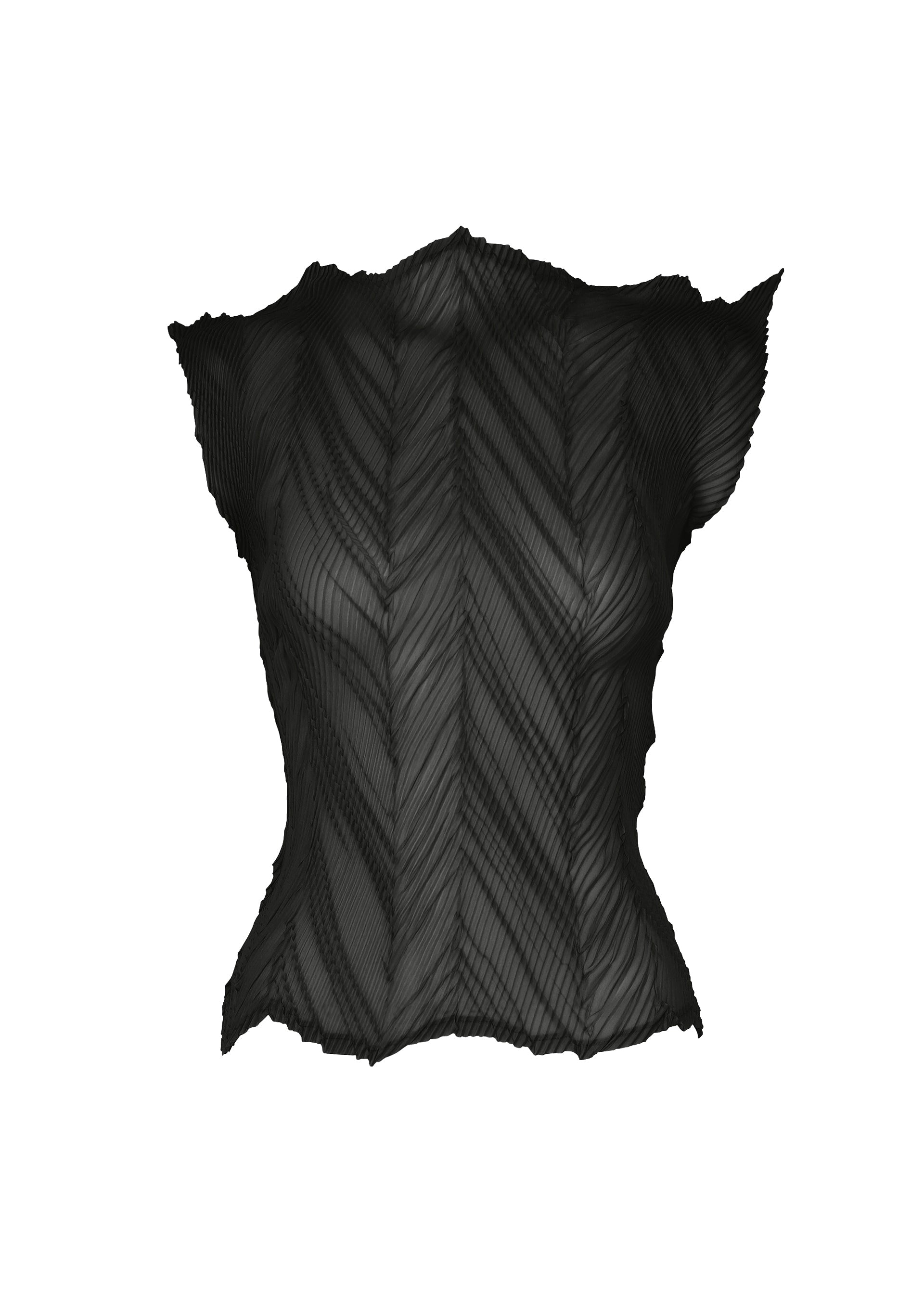 Zoomed view The ZIGZAG PLEATS top by ISSEY MIYAKE is a black, sleeveless piece featuring a textured chevron pleated pattern and a jagged zigzag hem, shown against a white background. - BLACK （no.15）