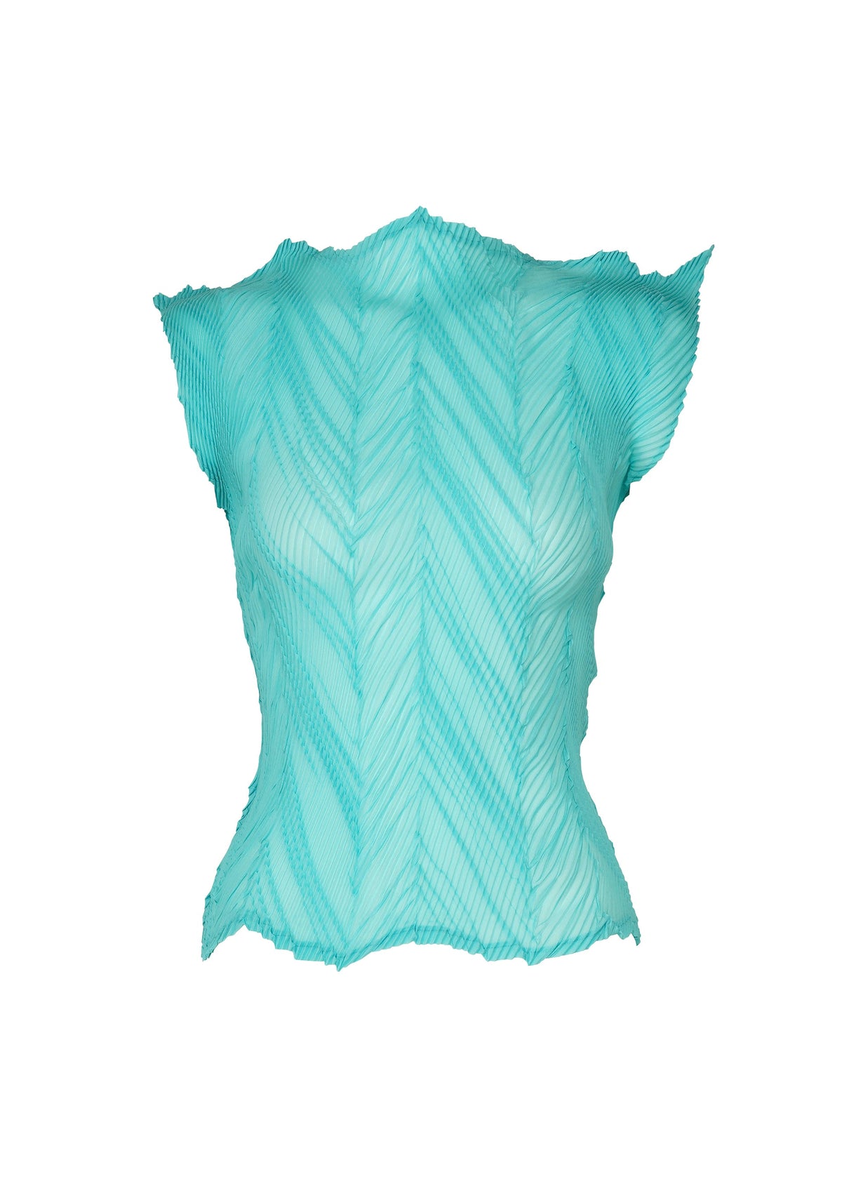 The ZIGZAG PLEATS top by ISSEY MIYAKE is a sleeveless, light blue French-sleeve piece featuring a pleated chevron pattern and an eye-catching zigzag hem along the shoulders and bottom, shown against a white background. view 3 of 7