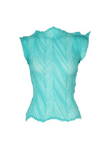 The ZIGZAG PLEATS top by ISSEY MIYAKE is a sleeveless, light blue French-sleeve piece featuring a pleated chevron pattern and an eye-catching zigzag hem along the shoulders and bottom, shown against a white background. - LIGHT BLUE （no.71）