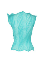 The ZIGZAG PLEATS top by ISSEY MIYAKE is a light blue, sleeveless, sculptural piece featuring pleats with a textured chevron pattern and a distinctive zigzag hem. Designed with slightly flared edges and a fitted waist, the top is presented on a white background.