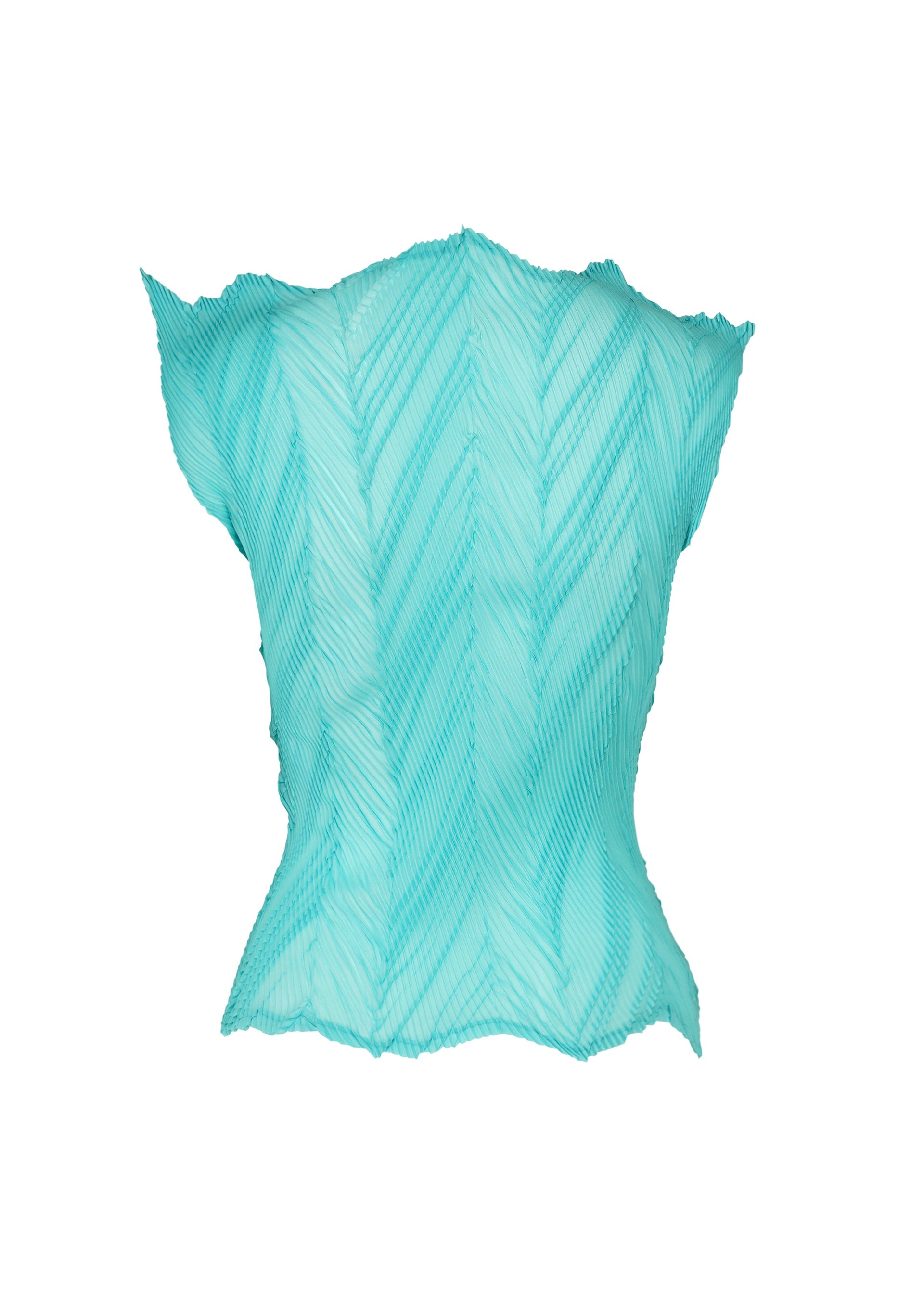 Zoomed view The ZIGZAG PLEATS top by ISSEY MIYAKE is a light blue, sleeveless, sculptural piece featuring pleats with a textured chevron pattern and a distinctive zigzag hem. Designed with slightly flared edges and a fitted waist, the top is presented on a white background.