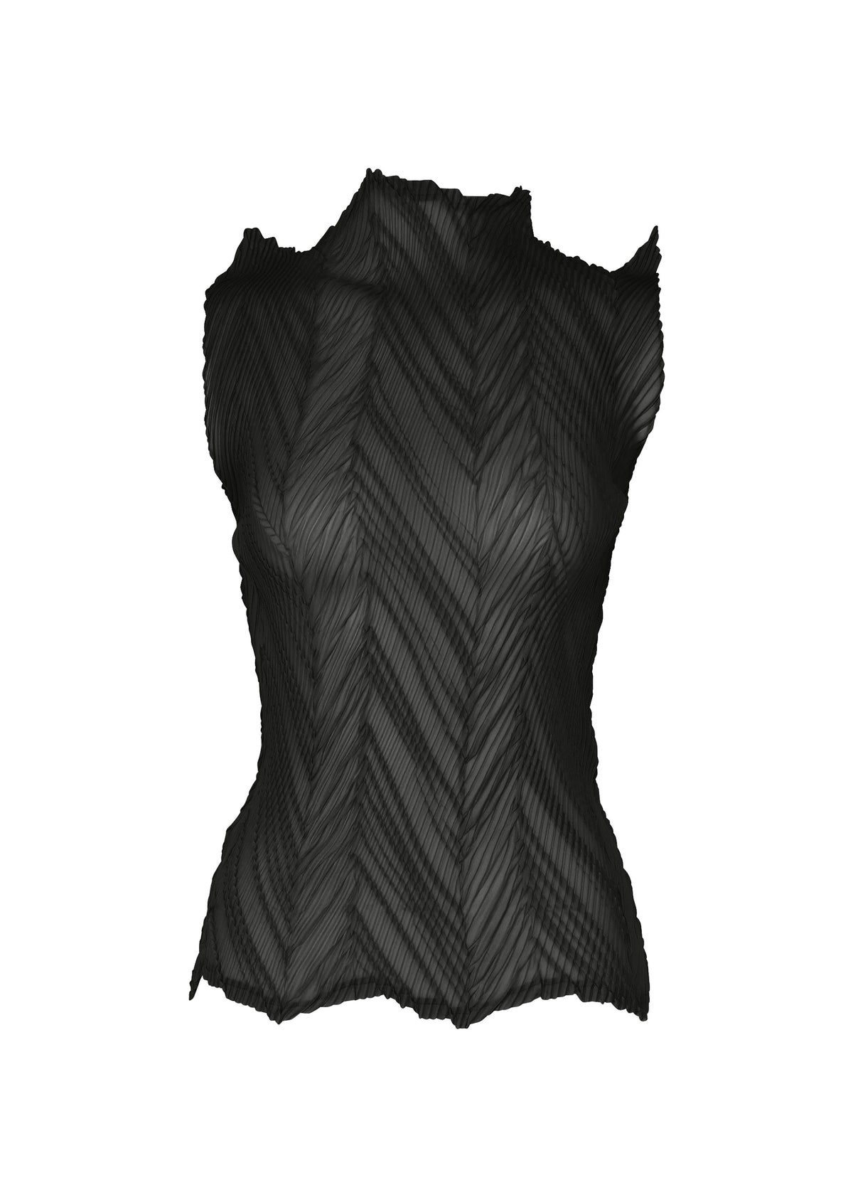 The ZIGZAG PLEATS top by ISSEY MIYAKE is a black, sleeveless polyester piece featuring pleated fabric with a chevron-like texture. It has an asymmetrical neckline and distinctive zigzag hem, and is shown against a white background. The material appears slightly sheer. view 1 of 5