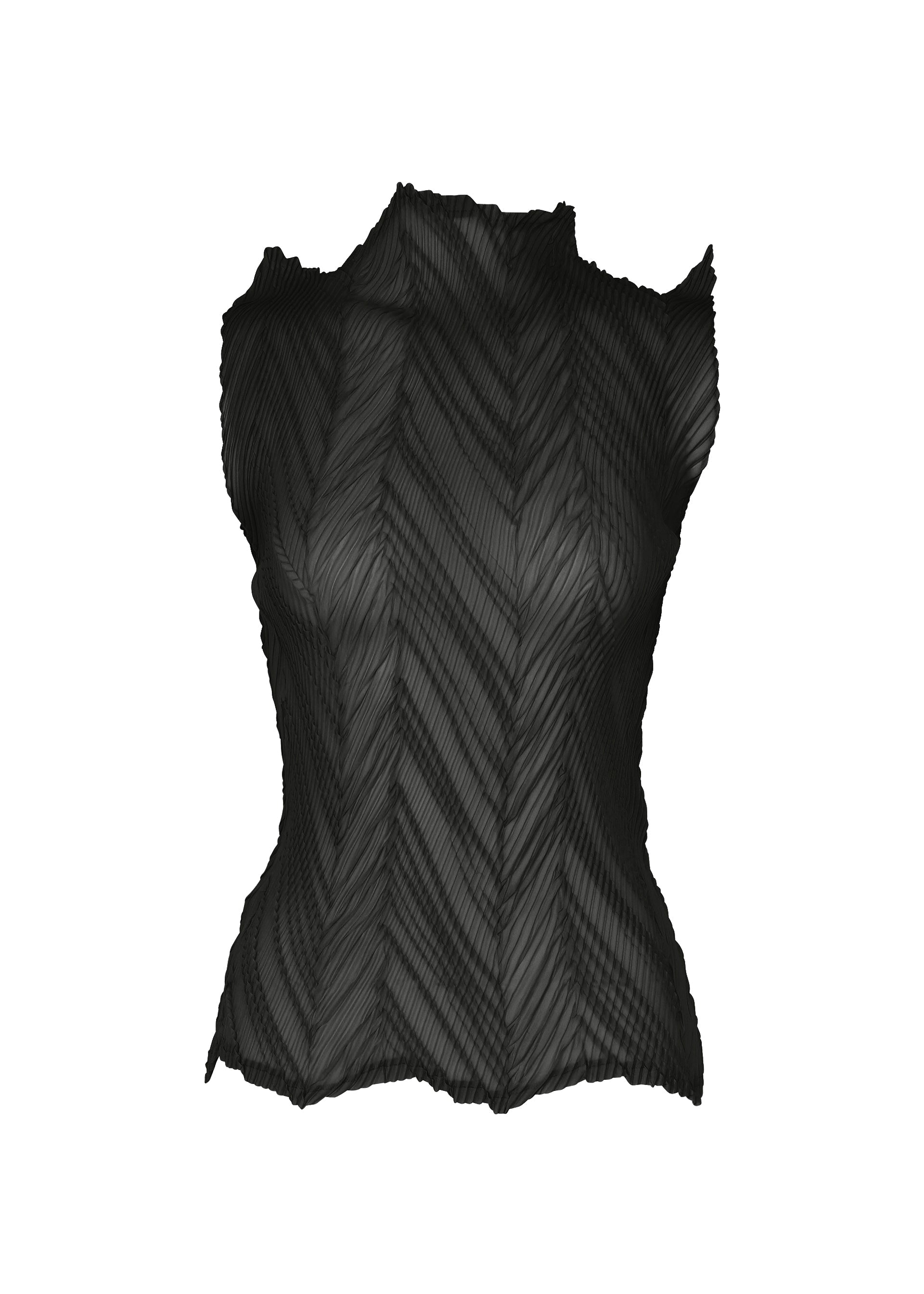 Zoomed view The ZIGZAG PLEATS top by ISSEY MIYAKE is a black, sleeveless polyester piece featuring pleated fabric with a chevron-like texture. It has an asymmetrical neckline and distinctive zigzag hem, and is shown against a white background. The material appears slightly sheer. - BLACK （no.15）