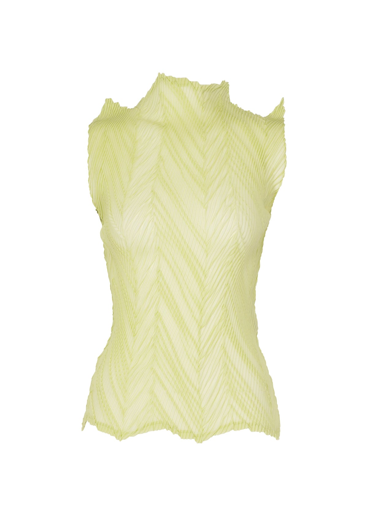 The ZIGZAG PLEATS top by ISSEY MIYAKE is a sleeveless, light yellow polyester piece featuring pleats, a high asymmetrical neckline, and a wavy zigzag hem, shown against a plain white background. view 2 of 5