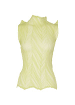 The ZIGZAG PLEATS top by ISSEY MIYAKE is a sleeveless, light yellow polyester piece featuring pleats, a high asymmetrical neckline, and a wavy zigzag hem, shown against a plain white background. - DULL CREAM （no.50）