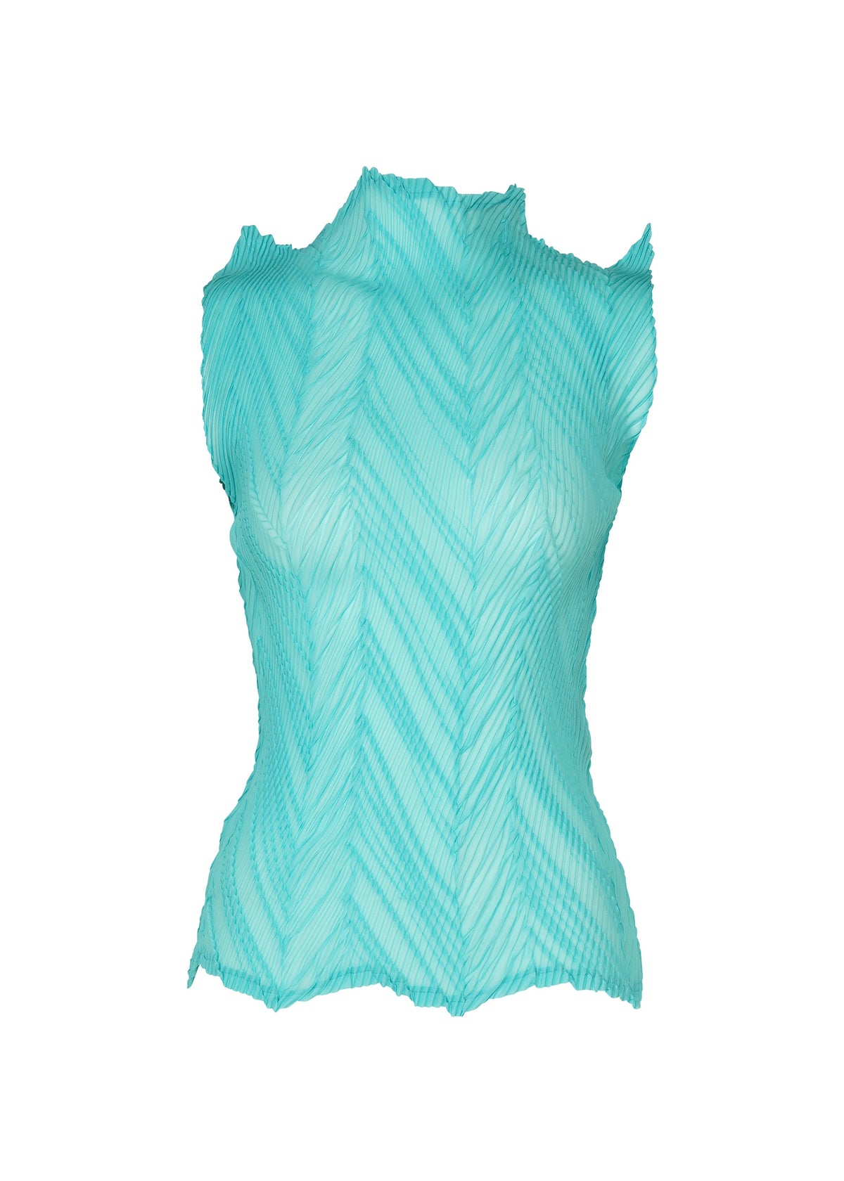 The ZIGZAG PLEATS top by ISSEY MIYAKE is a high-neck, sleeveless design in light blue, crafted from pleated polyester with a textured chevron pattern. Displayed against a white background, it features a neckline and zigzag hem with subtly uneven, wavy finishes for added visual appeal. view 3 of 5