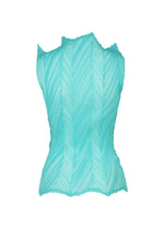 The ZIGZAG PLEATS top by ISSEY MIYAKE is a sleeveless, textured aqua blue piece made from pleated polyester, showcasing a chevron pattern and an asymmetrical neckline with a distinctive zigzag hem, presented against a white background.