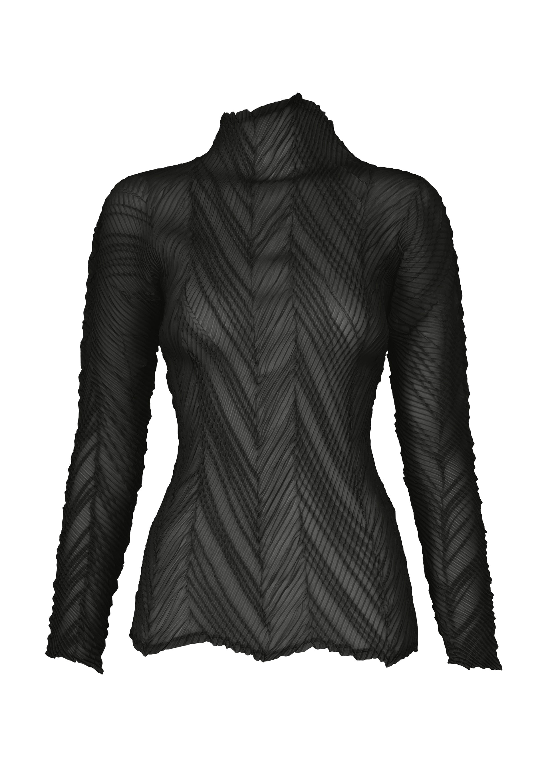 Zoomed view The ZIGZAG PLEATS top by ISSEY MIYAKE is a sheer black long-sleeve piece, crafted from lightweight sheer polyester. It features a high neckline, a distinctive diagonal ribbed texture, and is finished with a modern zigzag hem. - BLACK （no.15）