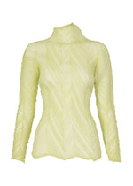 Introducing the ZIGZAG PLEATS top by ISSEY MIYAKE—a light yellow, long-sleeved blouse crafted from sheer polyester. This semi-sheer, textured piece features a high neckline, subtle chevron patterns, and a lightweight, slightly crinkled finish. The look is completed with ISSEY MIYAKE’s signature delicate zigzag hem for added visual interest. - DULL CREAM （no.50）
