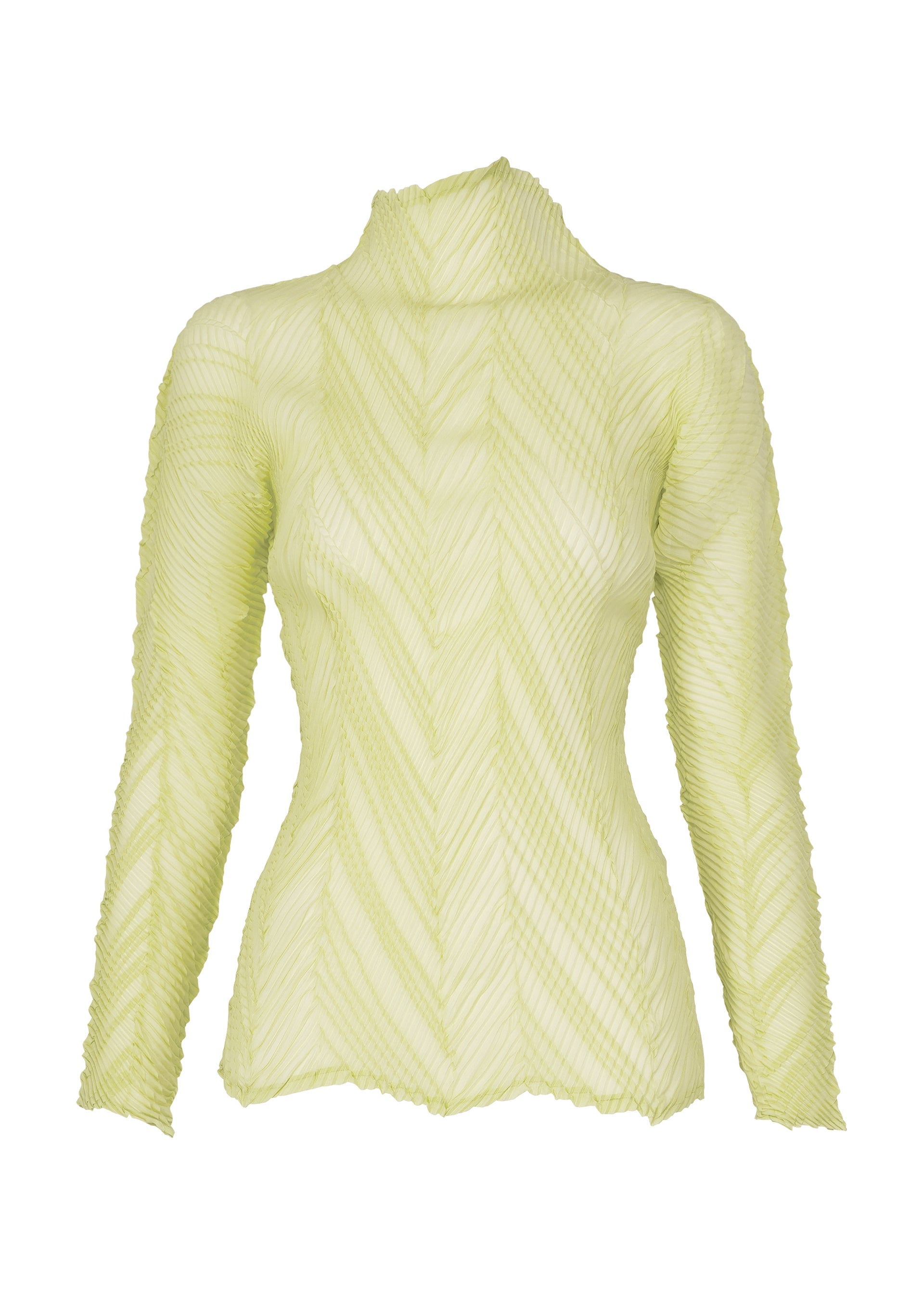 Zoomed view Introducing the ZIGZAG PLEATS top by ISSEY MIYAKE—a light yellow, long-sleeved blouse crafted from sheer polyester. This semi-sheer, textured piece features a high neckline, subtle chevron patterns, and a lightweight, slightly crinkled finish. The look is completed with ISSEY MIYAKE’s signature delicate zigzag hem for added visual interest. - DULL CREAM （no.50）